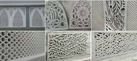 Beberapa contoh motif krawangan GRC: daun, kaligrafi dalam lengkung, dan pola bintang